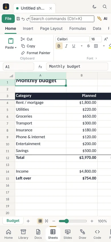Plumbline Sheets on an Android phone